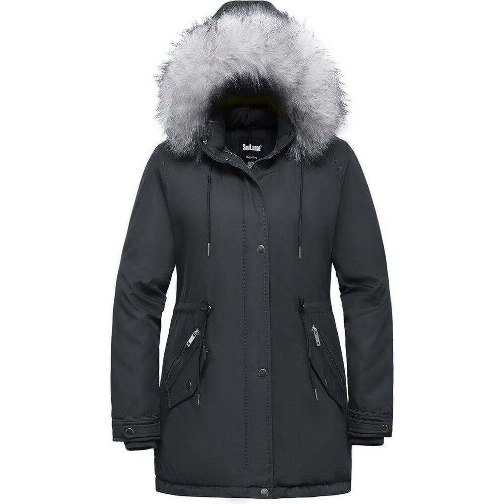 Women's Winter Gray Faux Fur Hood Jacket Coat Zip Up Flap Pockets Designed